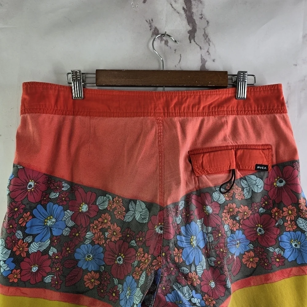 RVCA Swim Trunks Mens 34 Red Yellow Floral Board Shorts Lace Up Vintage